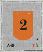A taped needlepoint canvas with the design: Banner 13 mesh count Curved 2 Black on Orange.