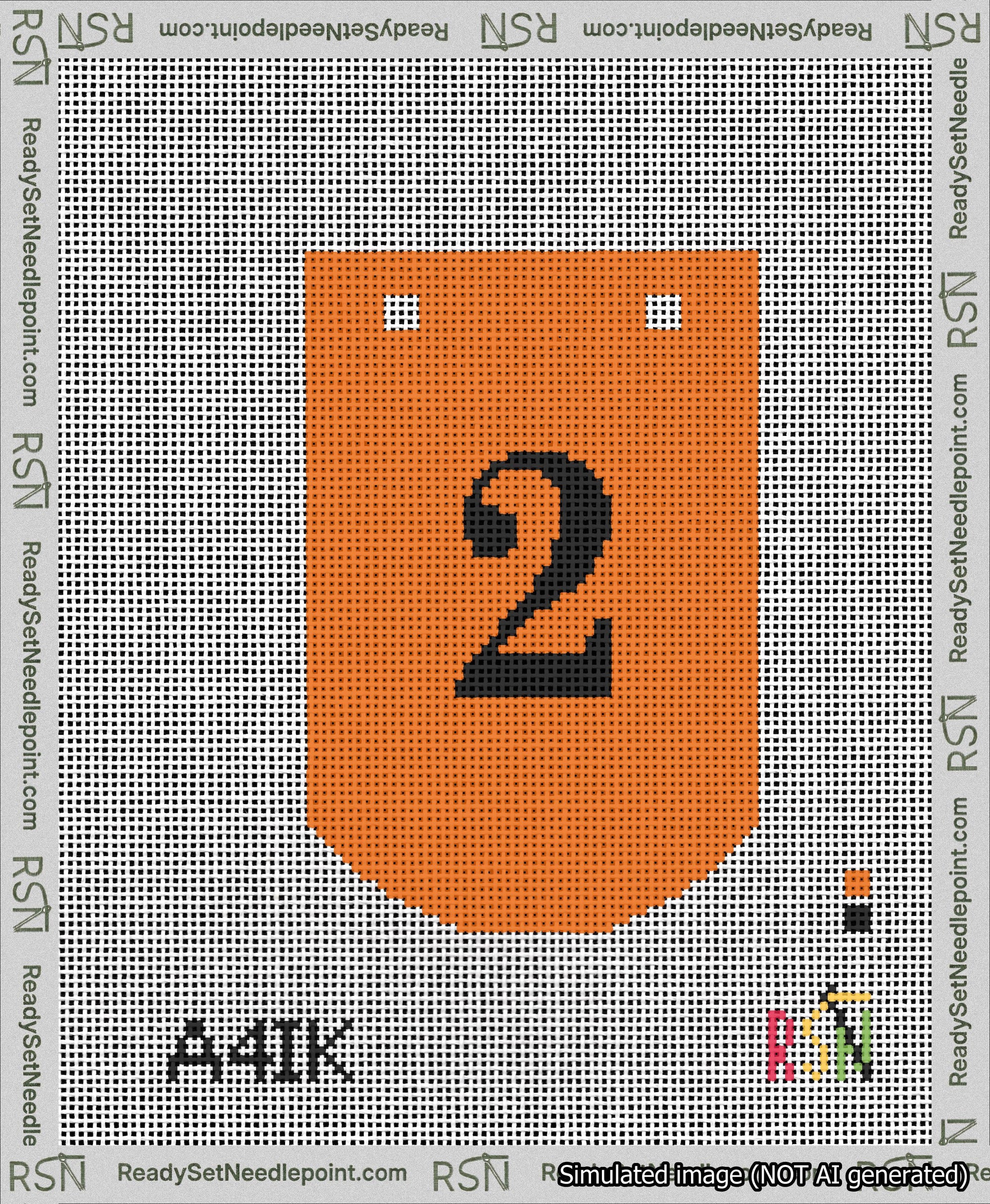 A taped needlepoint canvas with the design: Banner 13 mesh count Curved 2 Black on Orange.