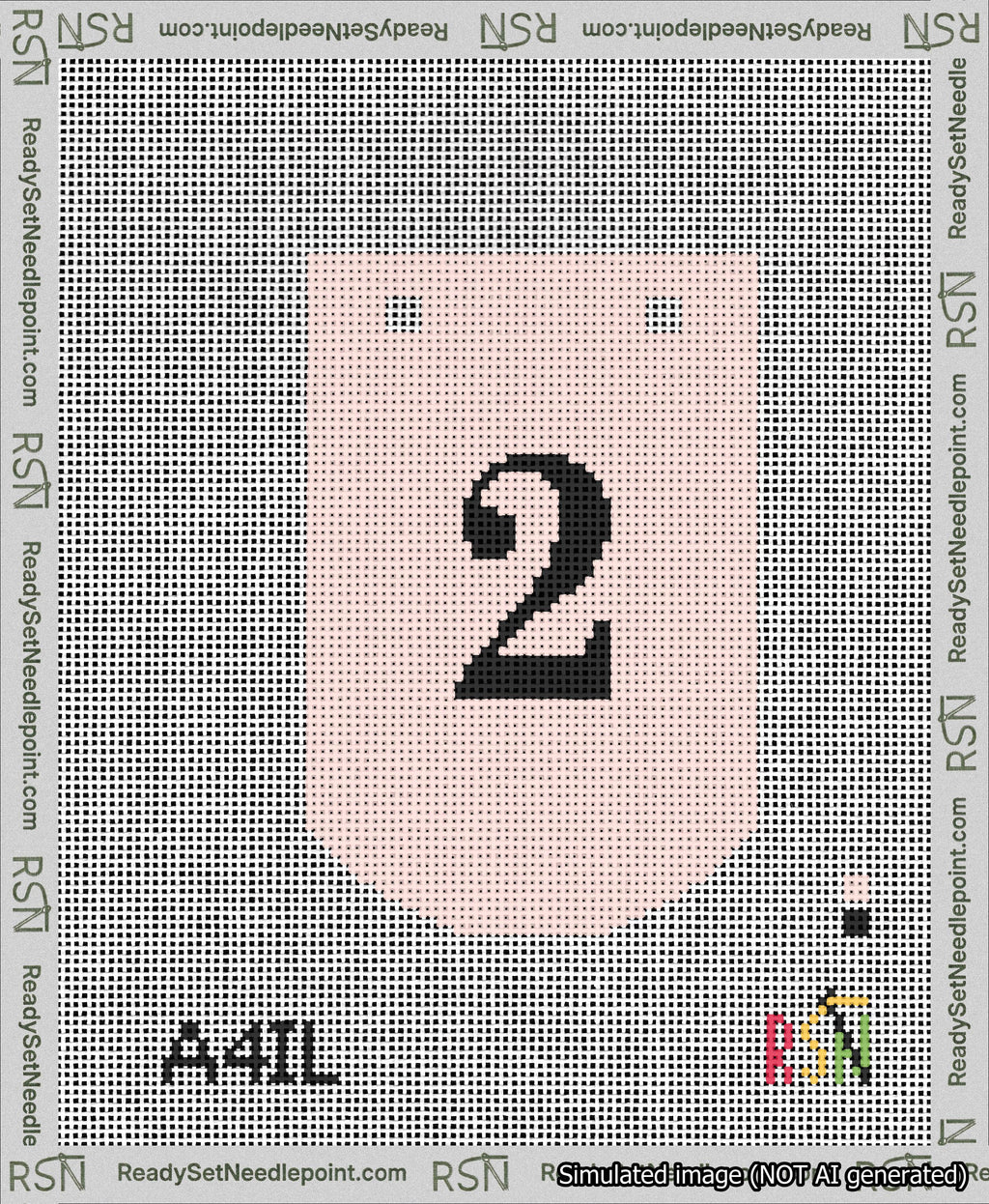 A taped needlepoint canvas with the design: Banner 13 mesh count Curved 2 Black on Pink.