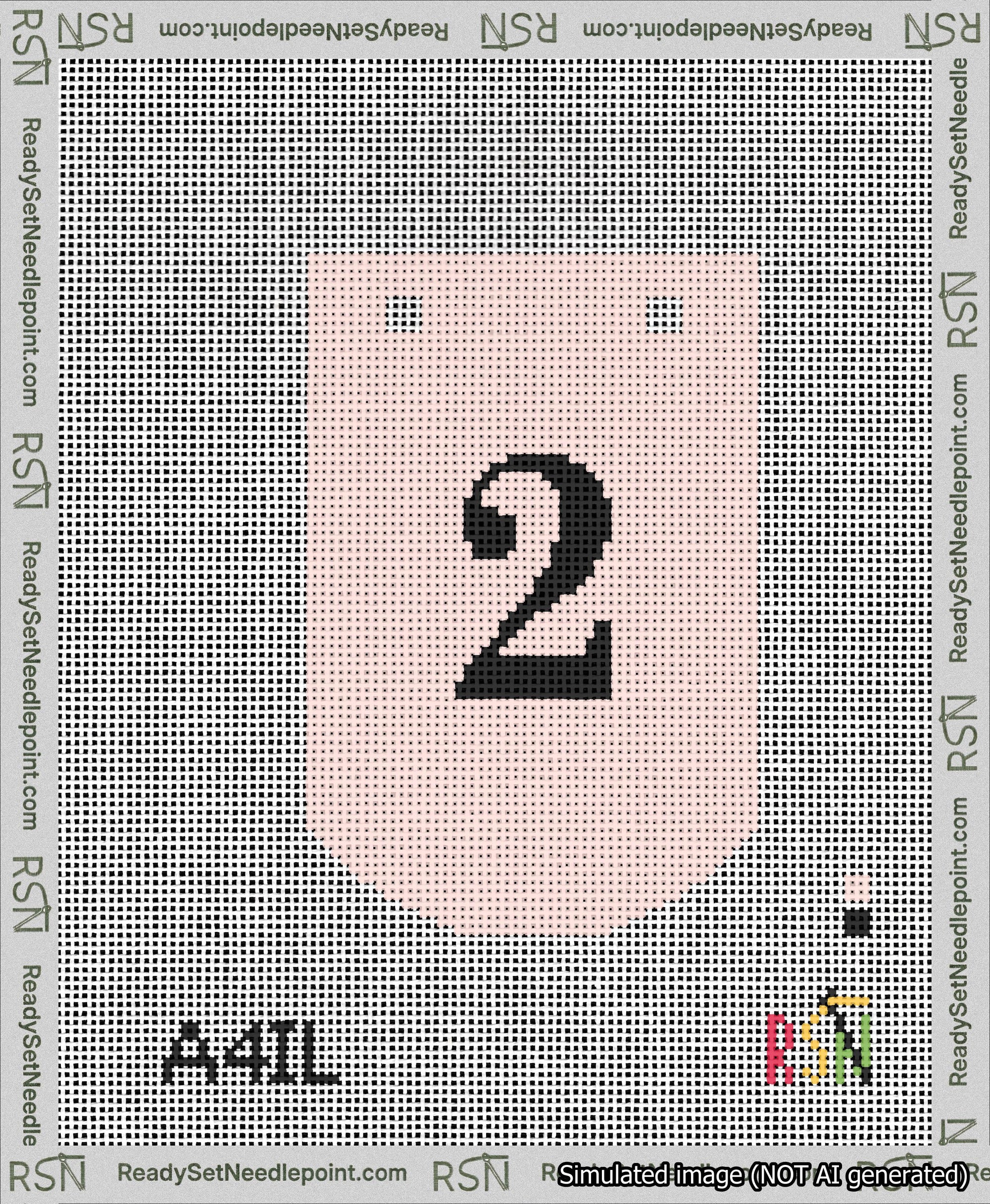 A taped needlepoint canvas with the design: Banner 13 mesh count Curved 2 Black on Pink.