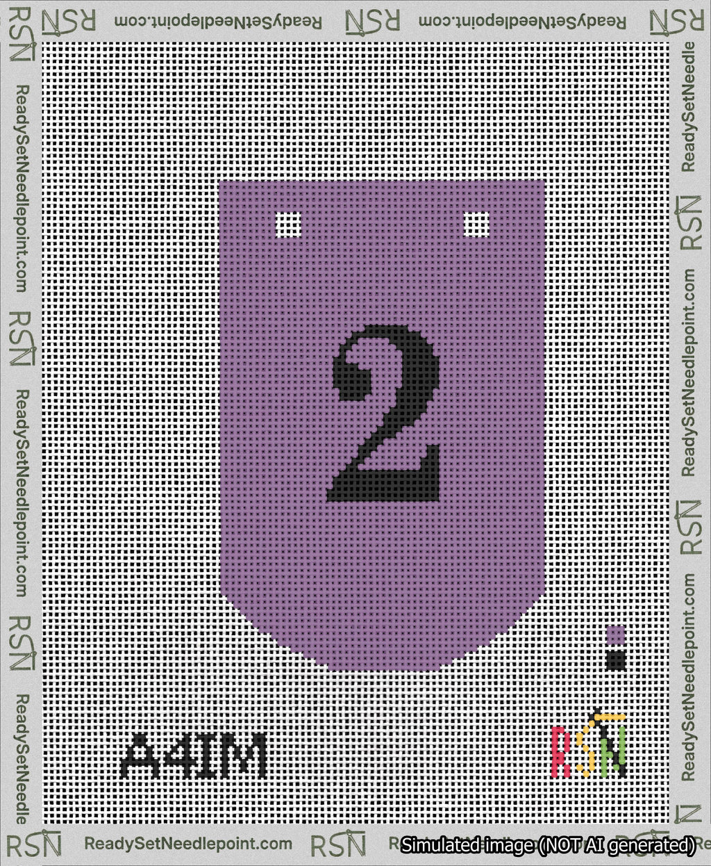 A taped needlepoint canvas with the design: Banner 13 mesh count Curved 2 Black on Purple.