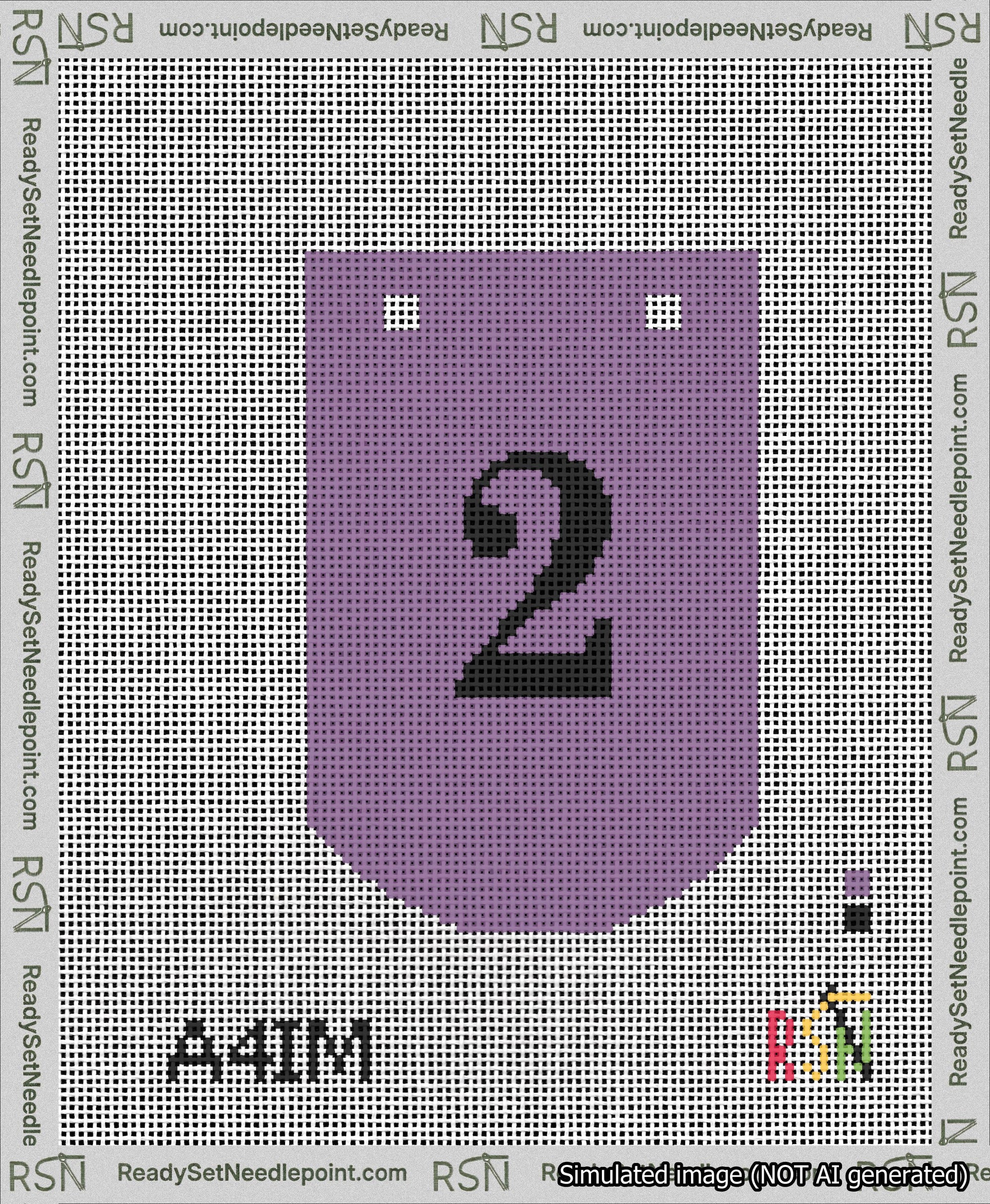 A taped needlepoint canvas with the design: Banner 13 mesh count Curved 2 Black on Purple.