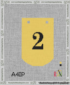 A taped needlepoint canvas with the design: Banner 13 mesh count Curved 2 Black on Yellow.