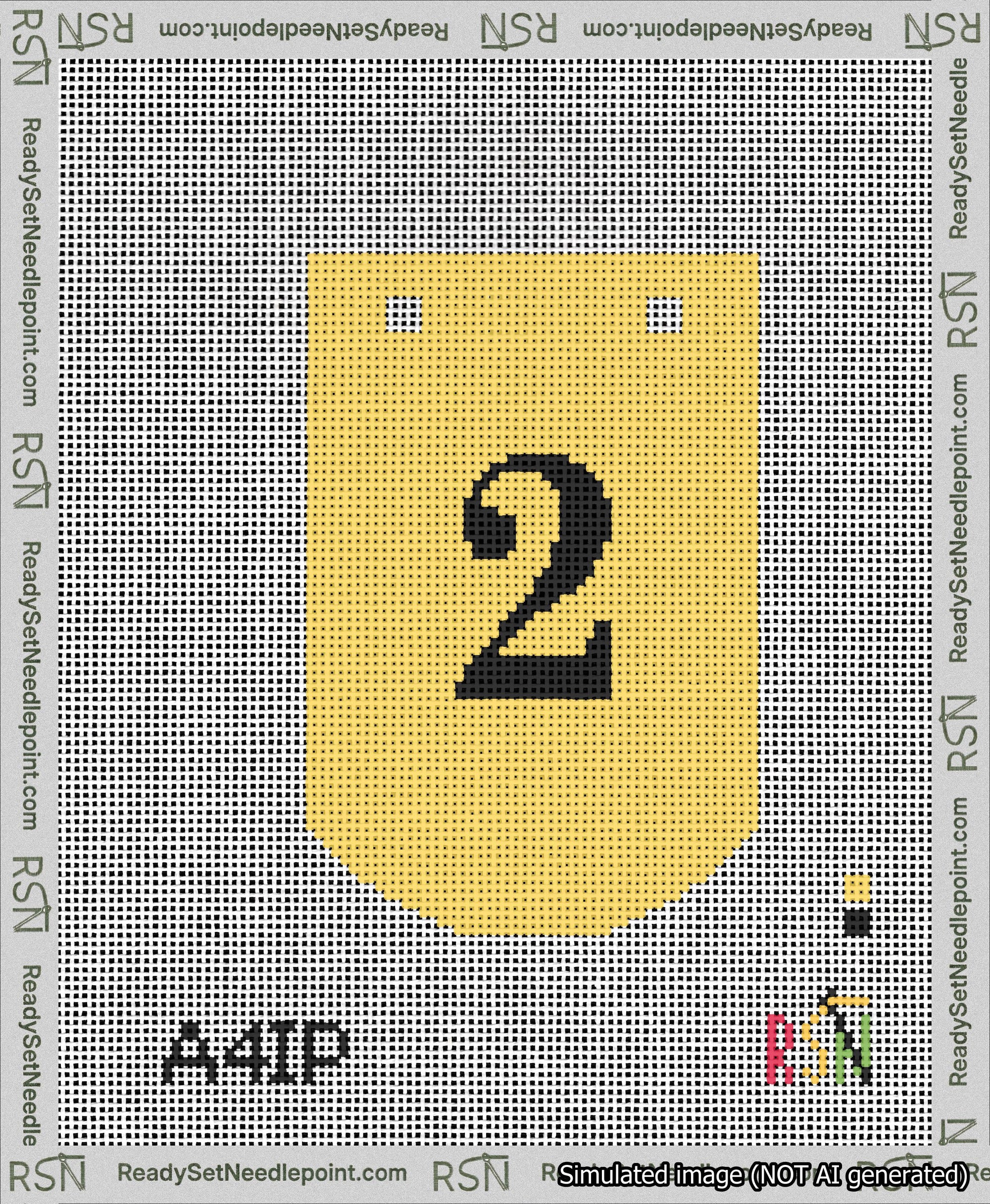 A taped needlepoint canvas with the design: Banner 13 mesh count Curved 2 Black on Yellow.