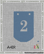 A taped needlepoint canvas with the design: Banner 13 mesh count Curved 2 White on Blue.