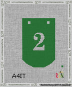 A taped needlepoint canvas with the design: Banner 13 mesh count Curved 2 White on Green.
