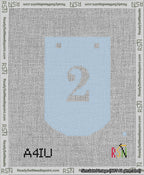 A taped needlepoint canvas with the design: Banner 13 mesh count Curved 2 White on Light Blue.