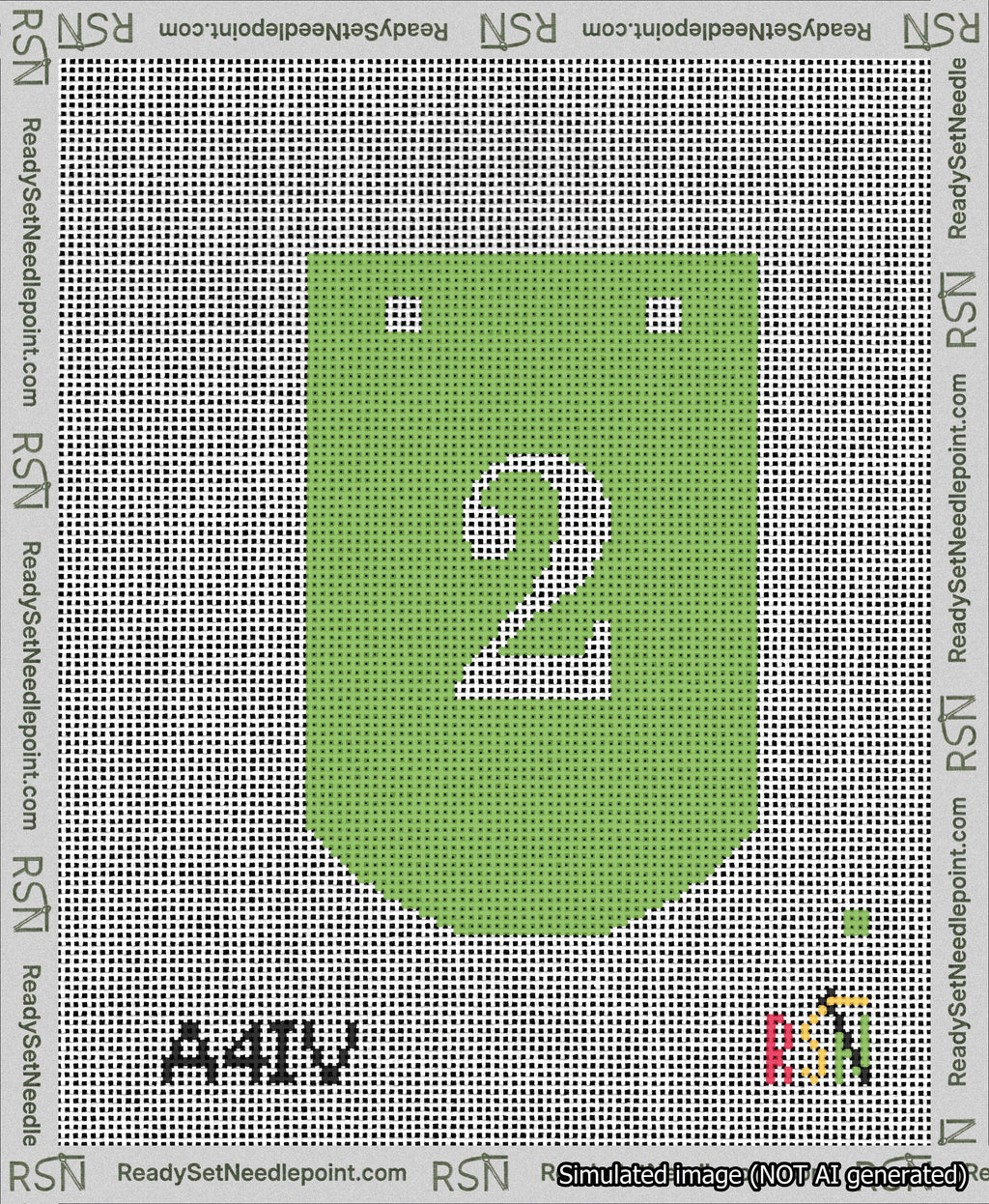 A taped needlepoint canvas with the design: Banner 13 mesh count Curved 2 White on Light Green.