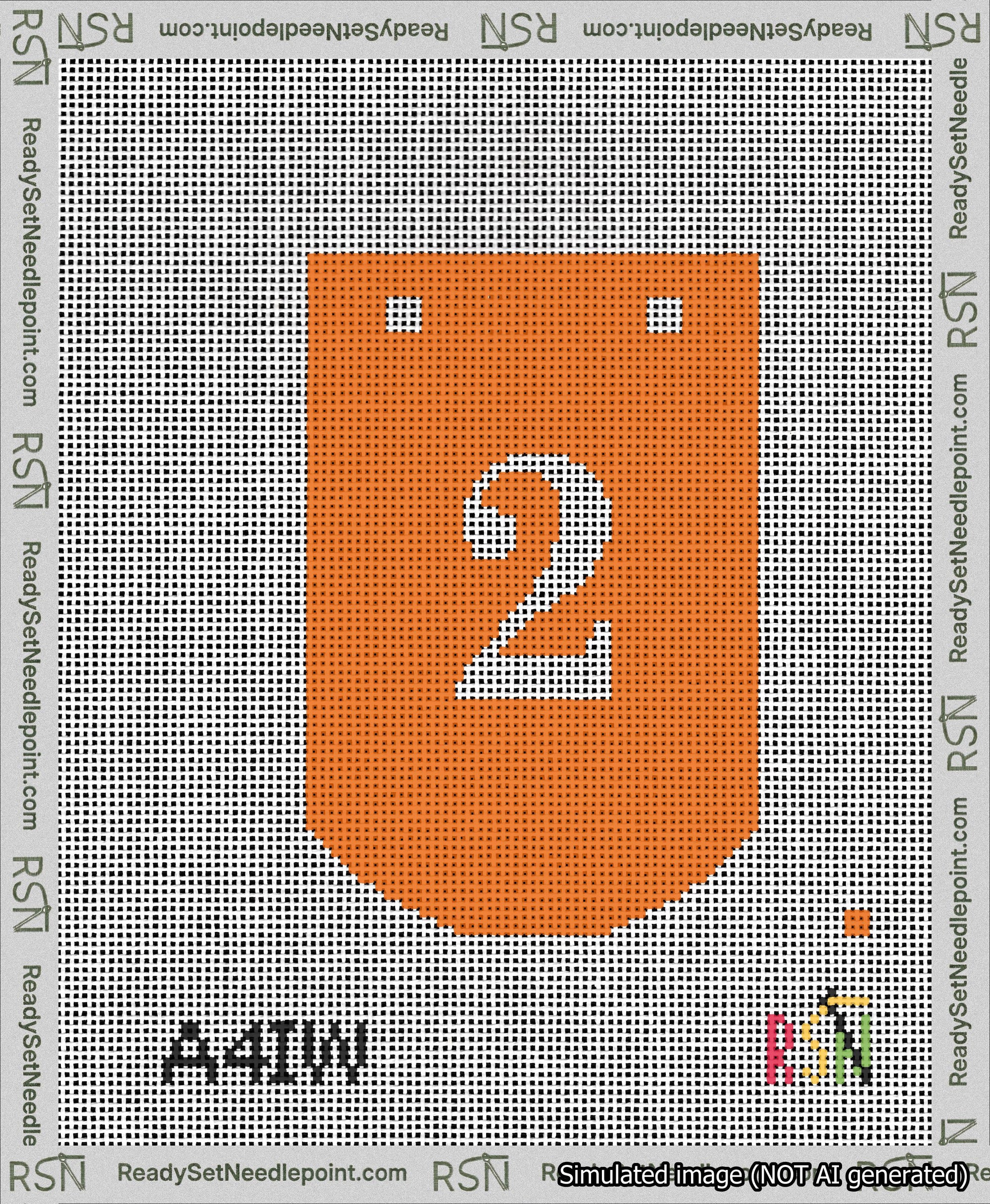 A taped needlepoint canvas with the design: Banner 13 mesh count Curved 2 White on Orange.