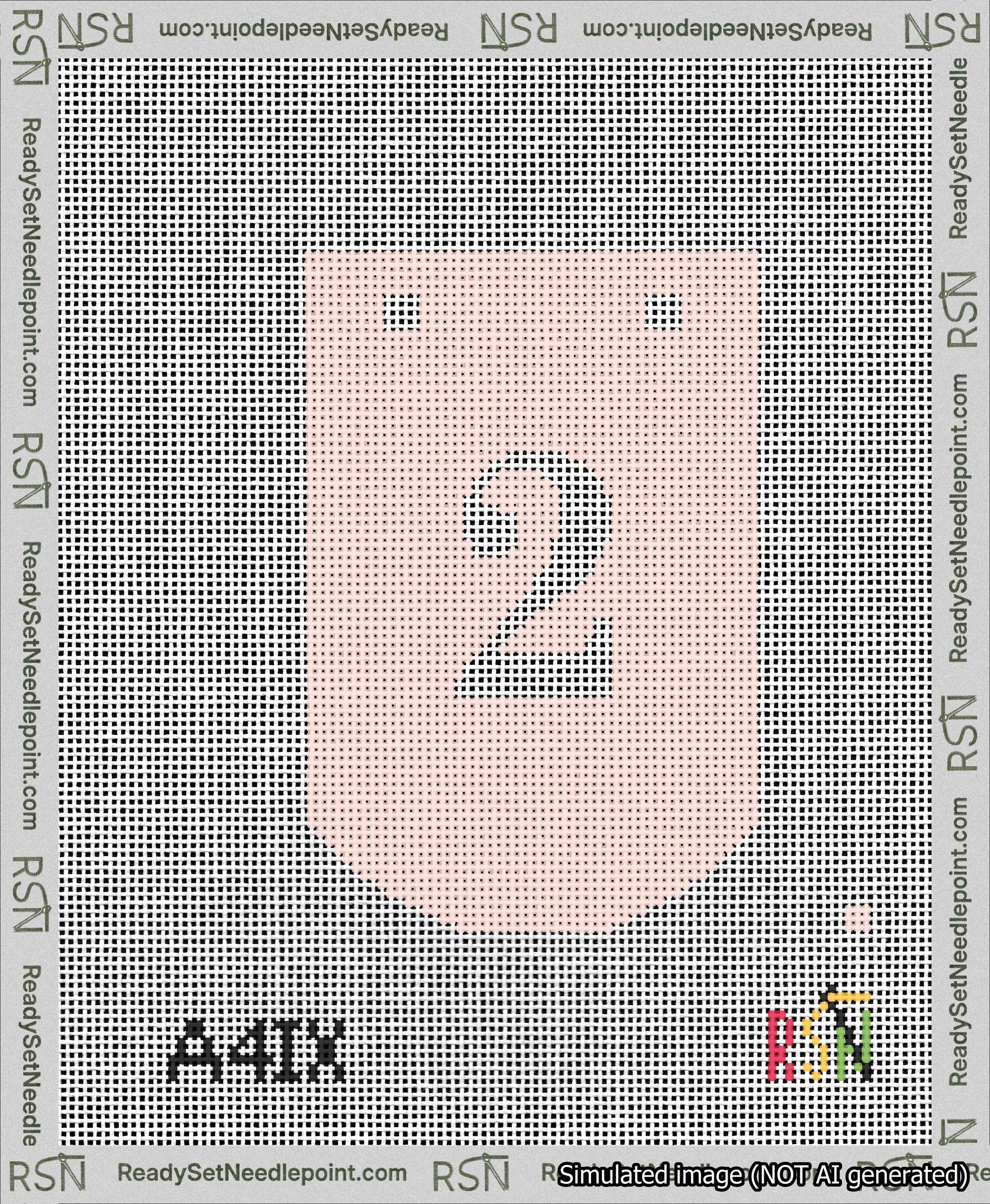 A taped needlepoint canvas with the design: Banner 13 mesh count Curved 2 White on Pink.