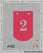 A taped needlepoint canvas with the design: Banner 13 mesh count Curved 2 White on Red.