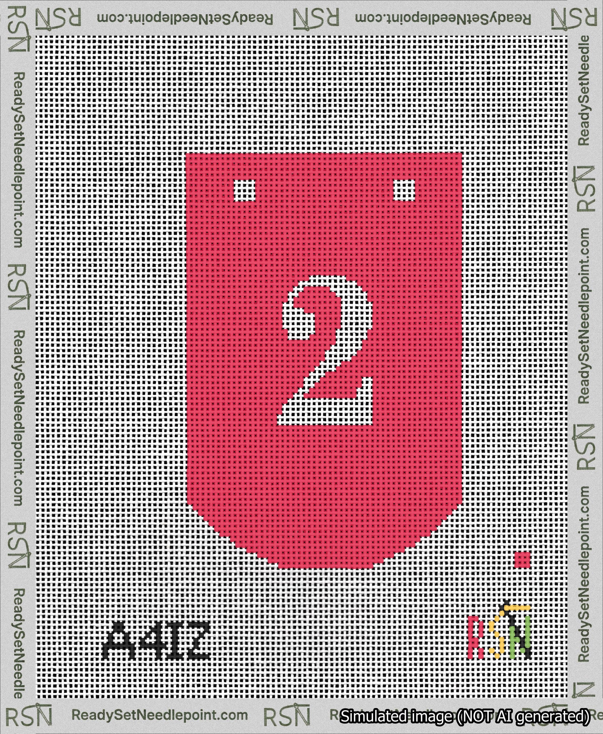 A taped needlepoint canvas with the design: Banner 13 mesh count Curved 2 White on Red.