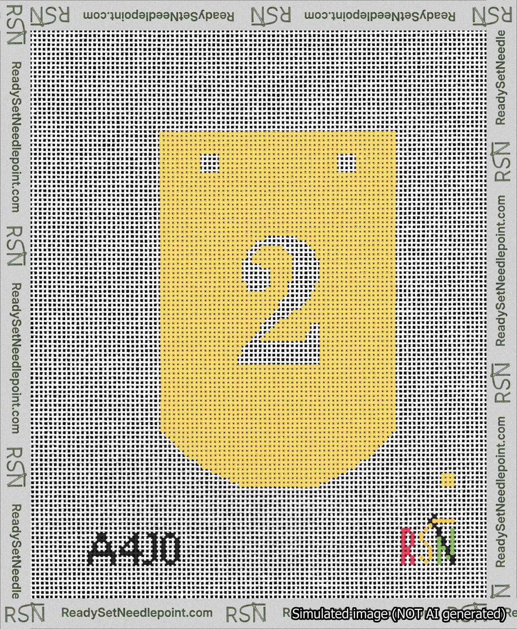 A taped needlepoint canvas with the design: Banner 13 mesh count Curved 2 White on Yellow.