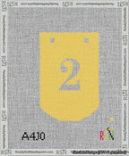 A taped needlepoint canvas with the design: Banner 13 mesh count Curved 2 White on Yellow.