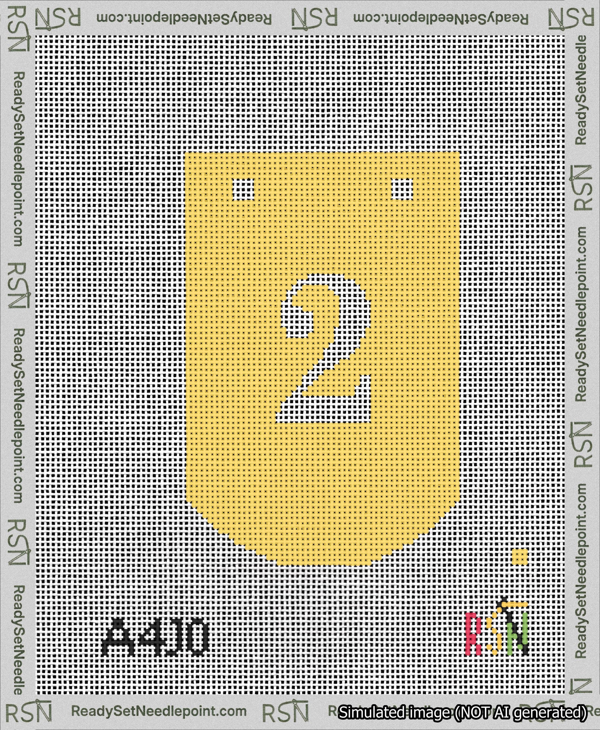A taped needlepoint canvas with the design: Banner 13 mesh count Curved 2 White on Yellow.