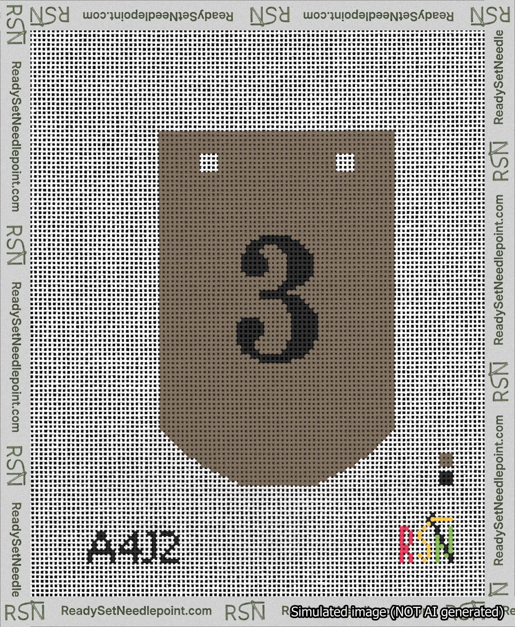A taped needlepoint canvas with the design: Banner 13 mesh count Curved 3 Black on Brown.