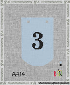 A taped needlepoint canvas with the design: Banner 13 mesh count Curved 3 Black on Light Blue.