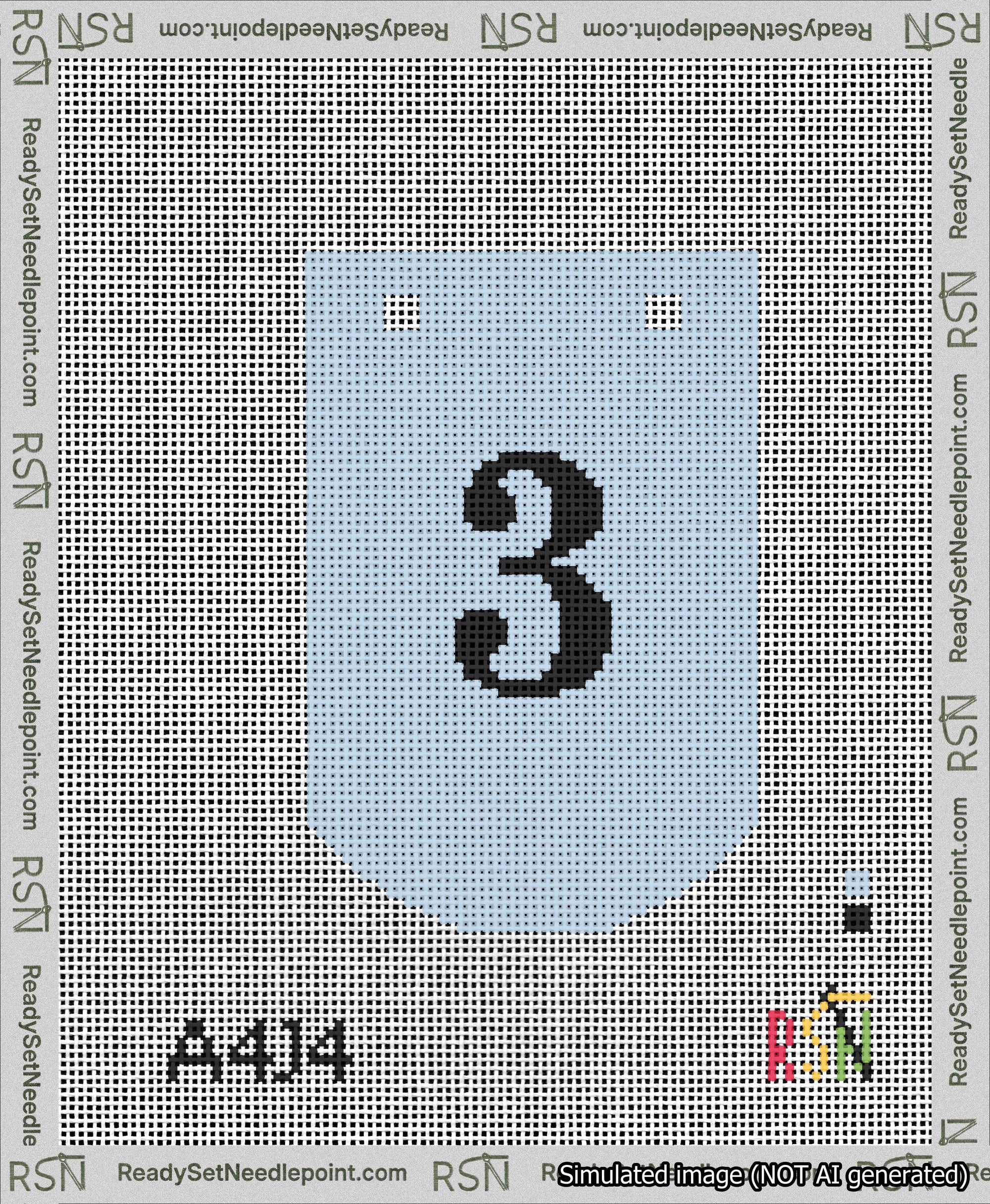 A taped needlepoint canvas with the design: Banner 13 mesh count Curved 3 Black on Light Blue.