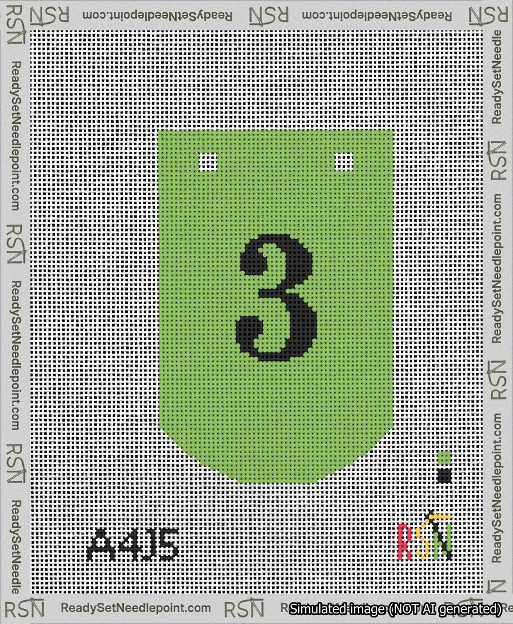 A taped needlepoint canvas with the design: Banner 13 mesh count Curved 3 Black on Light Green.