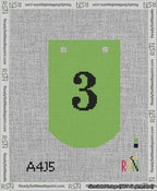 A taped needlepoint canvas with the design: Banner 13 mesh count Curved 3 Black on Light Green.