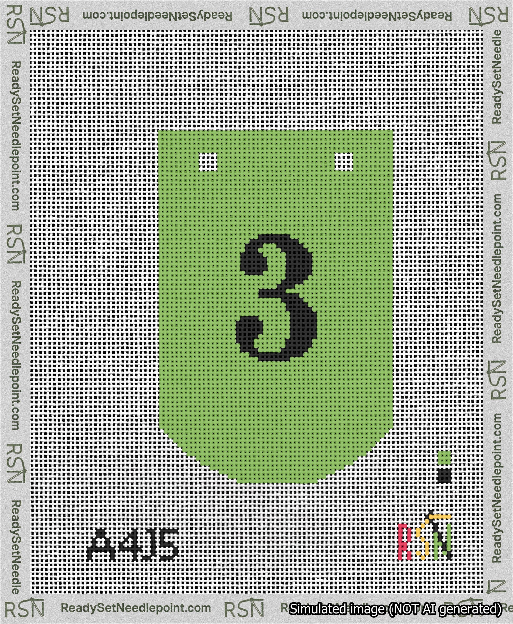 A taped needlepoint canvas with the design: Banner 13 mesh count Curved 3 Black on Light Green.