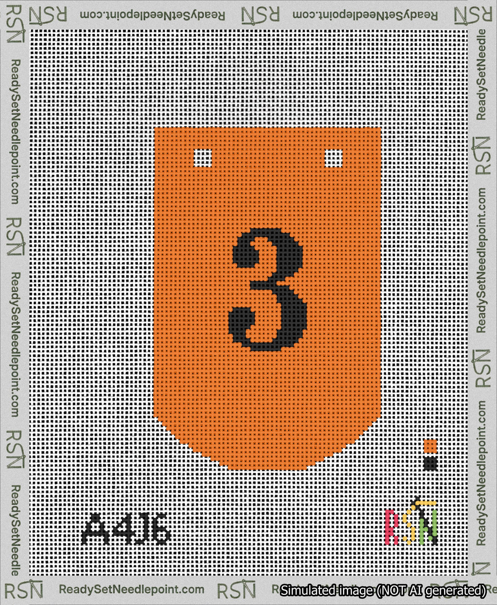 A taped needlepoint canvas with the design: Banner 13 mesh count Curved 3 Black on Orange.