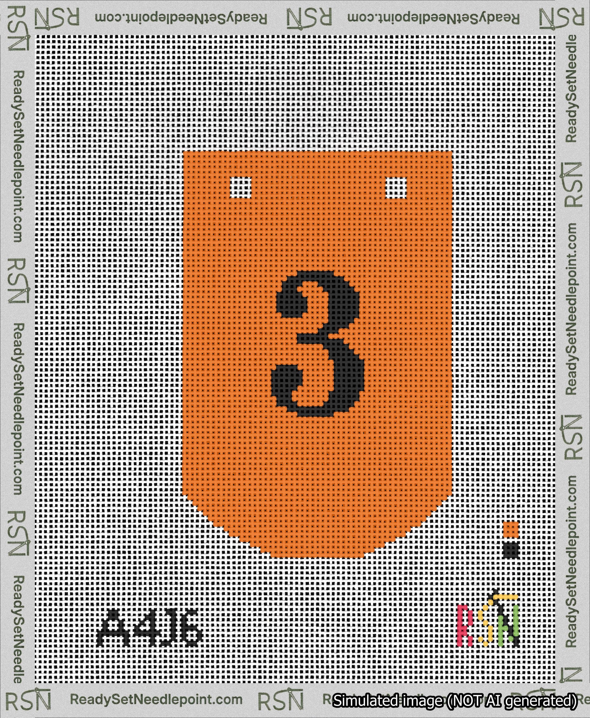 A taped needlepoint canvas with the design: Banner 13 mesh count Curved 3 Black on Orange.