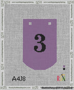 A taped needlepoint canvas with the design: Banner 13 mesh count Curved 3 Black on Purple.