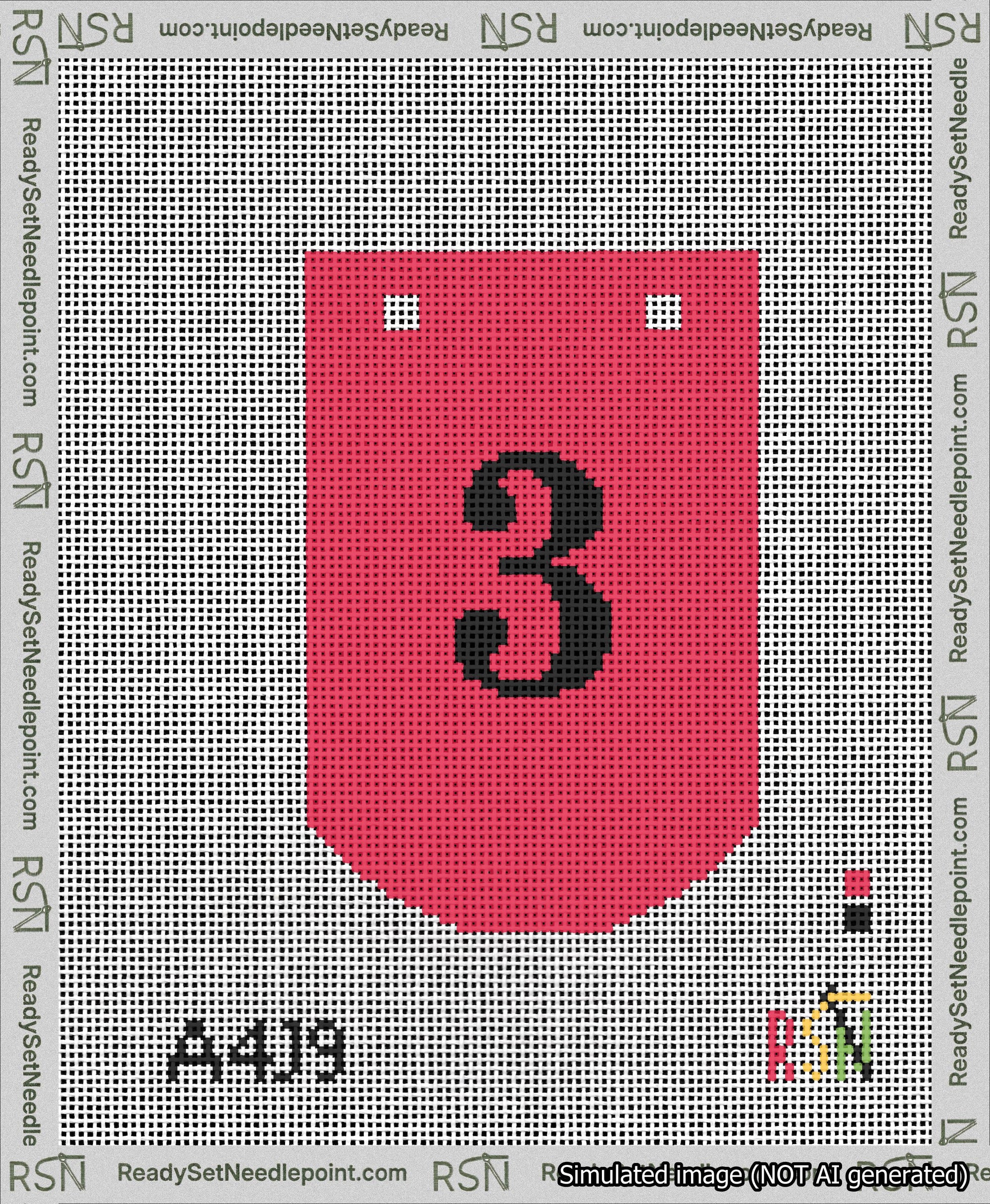 A taped needlepoint canvas with the design: Banner 13 mesh count Curved 3 Black on Red.