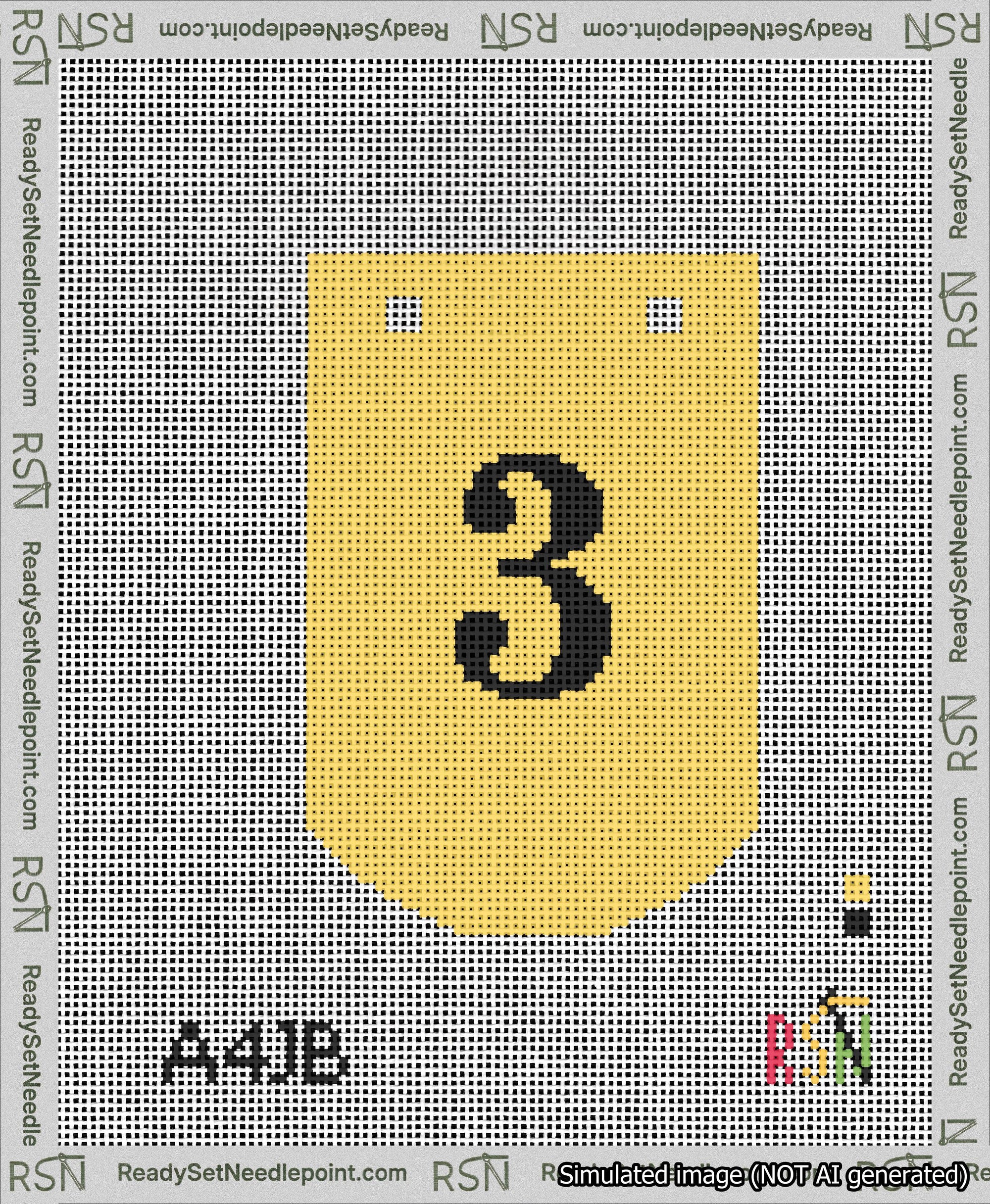 A taped needlepoint canvas with the design: Banner 13 mesh count Curved 3 Black on Yellow.