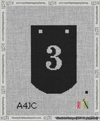 A taped needlepoint canvas with the design: Banner 13 mesh count Curved 3 White on Black.