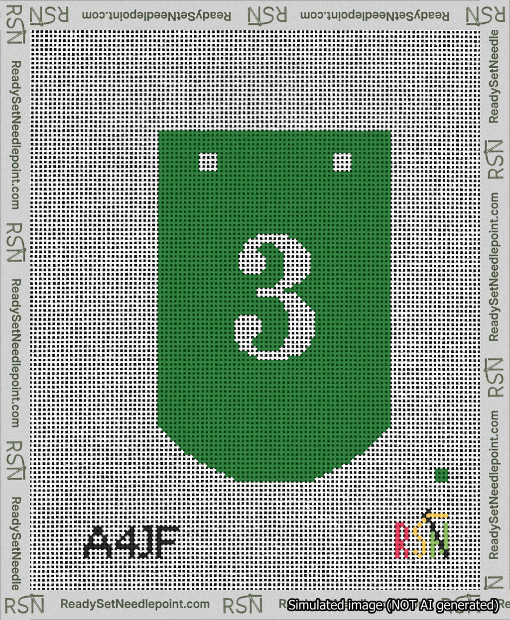A taped needlepoint canvas with the design: Banner 13 mesh count Curved 3 White on Green.