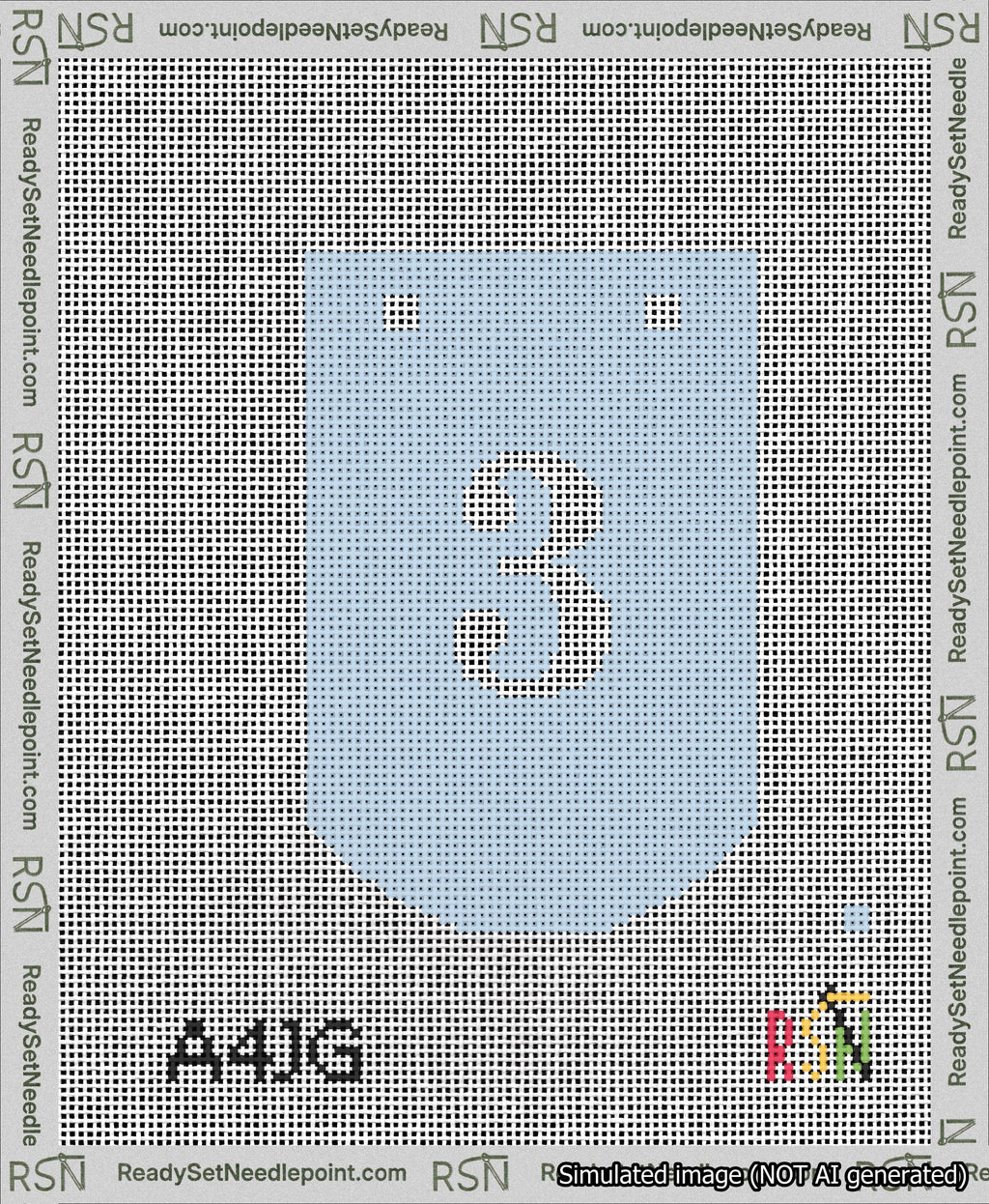 A taped needlepoint canvas with the design: Banner 13 mesh count Curved 3 White on Light Blue.