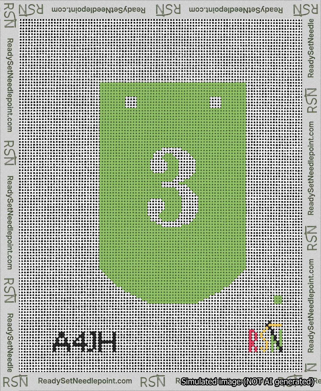 A taped needlepoint canvas with the design: Banner 13 mesh count Curved 3 White on Light Green.