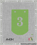 A taped needlepoint canvas with the design: Banner 13 mesh count Curved 3 White on Light Green.