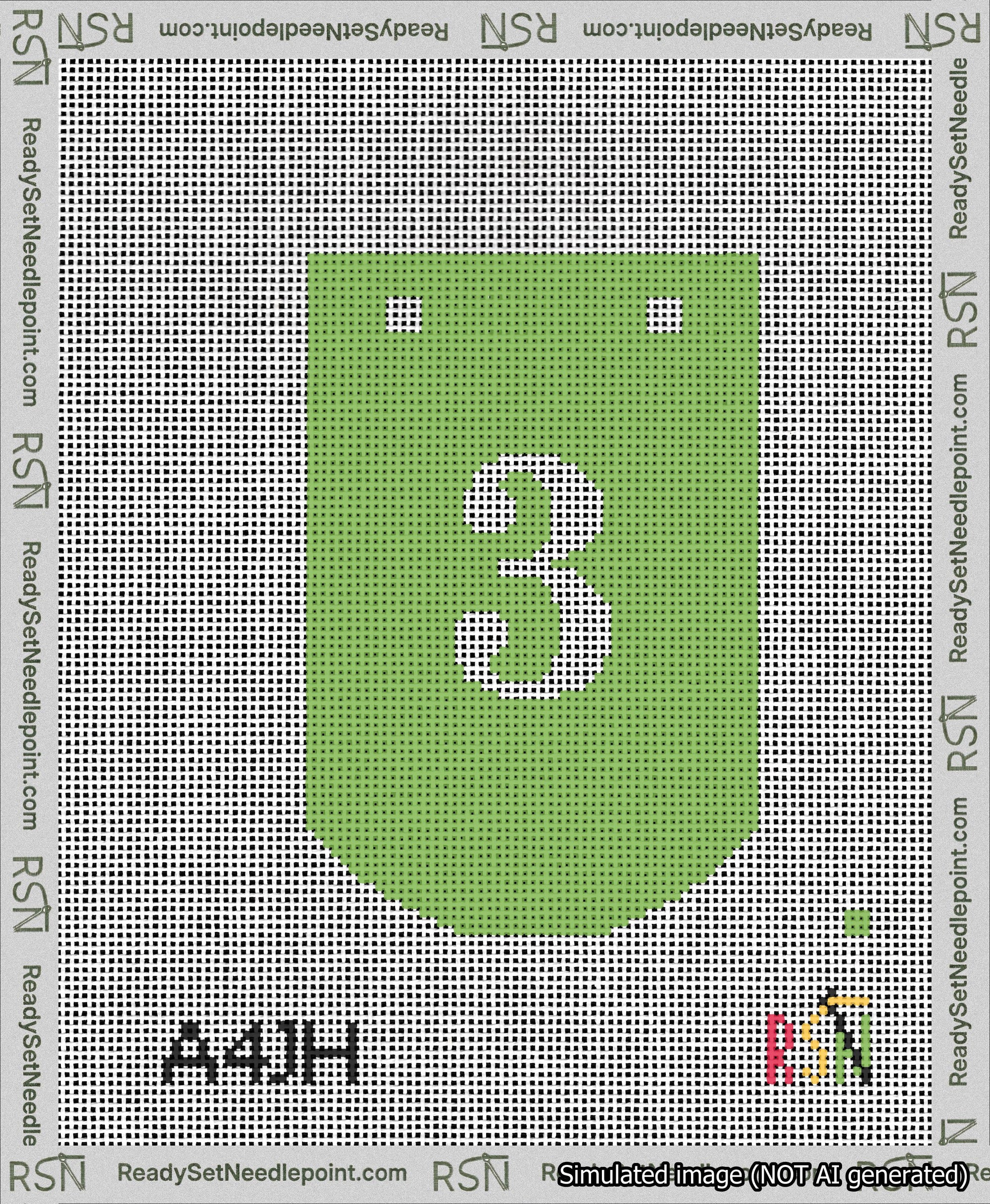 A taped needlepoint canvas with the design: Banner 13 mesh count Curved 3 White on Light Green.