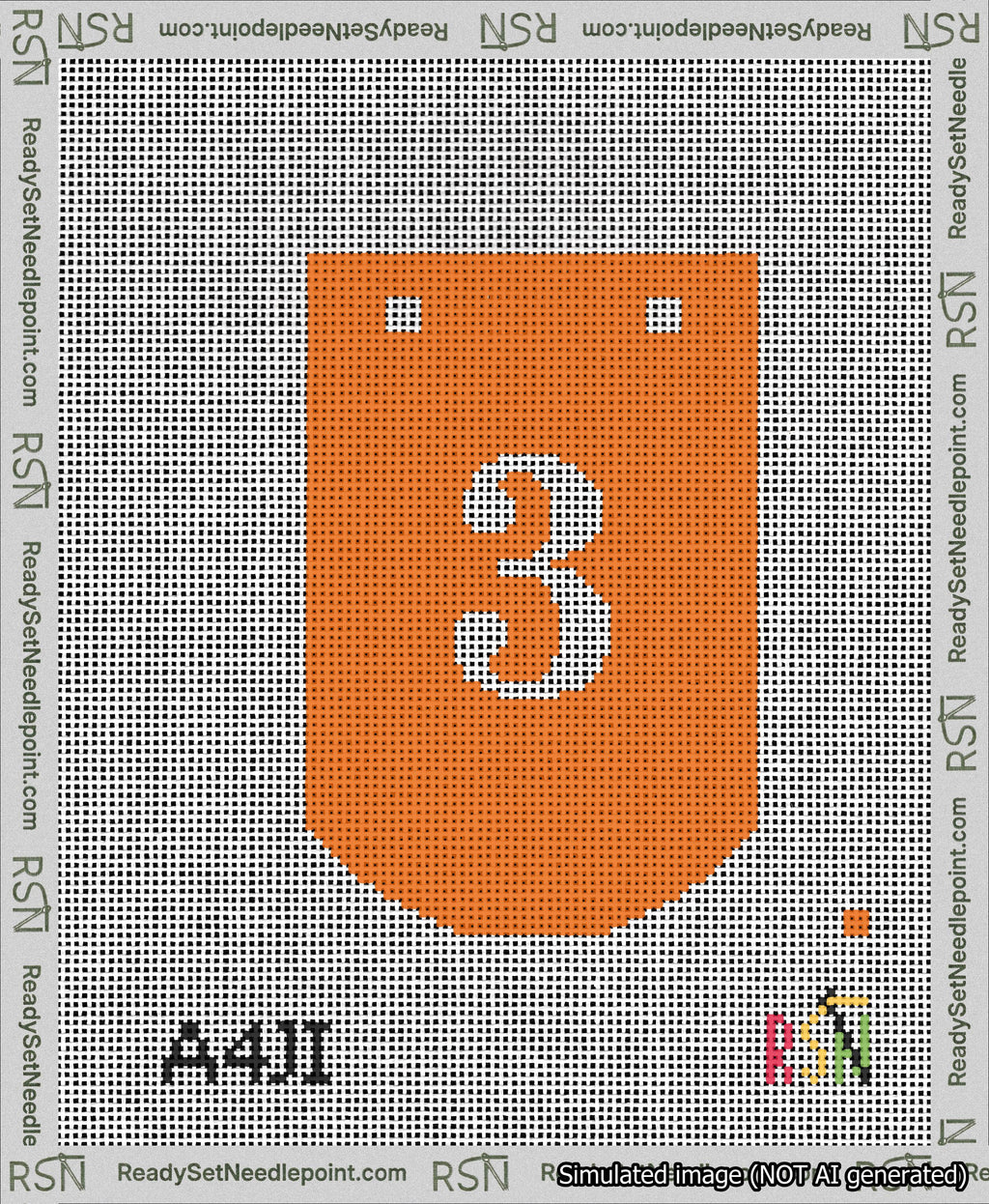 A taped needlepoint canvas with the design: Banner 13 mesh count Curved 3 White on Orange.