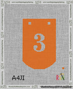 A taped needlepoint canvas with the design: Banner 13 mesh count Curved 3 White on Orange.