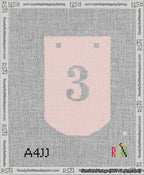 A taped needlepoint canvas with the design: Banner 13 mesh count Curved 3 White on Pink.