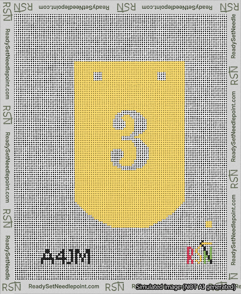 A taped needlepoint canvas with the design: Banner 13 mesh count Curved 3 White on Yellow.