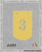 A taped needlepoint canvas with the design: Banner 13 mesh count Curved 3 White on Yellow.