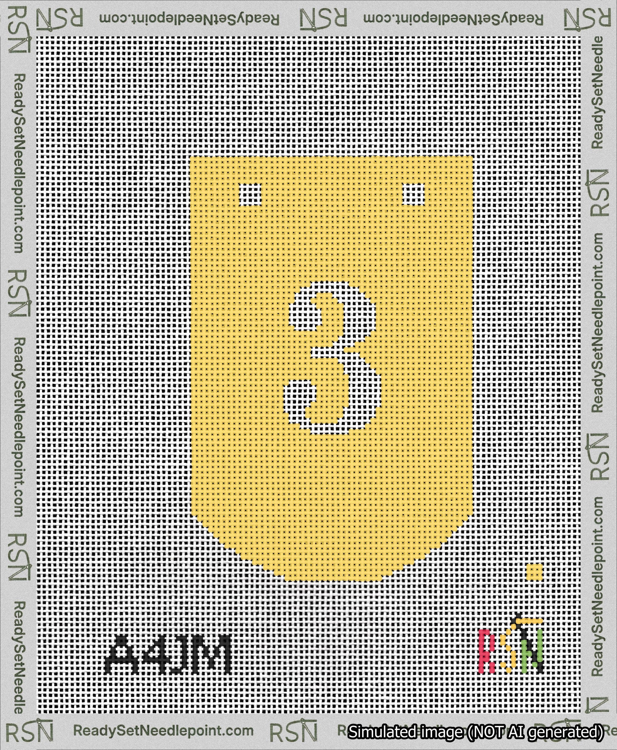 A taped needlepoint canvas with the design: Banner 13 mesh count Curved 3 White on Yellow.