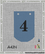 A taped needlepoint canvas with the design: Banner 13 mesh count Curved 4 Black on Blue.