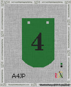 A taped needlepoint canvas with the design: Banner 13 mesh count Curved 4 Black on Green.