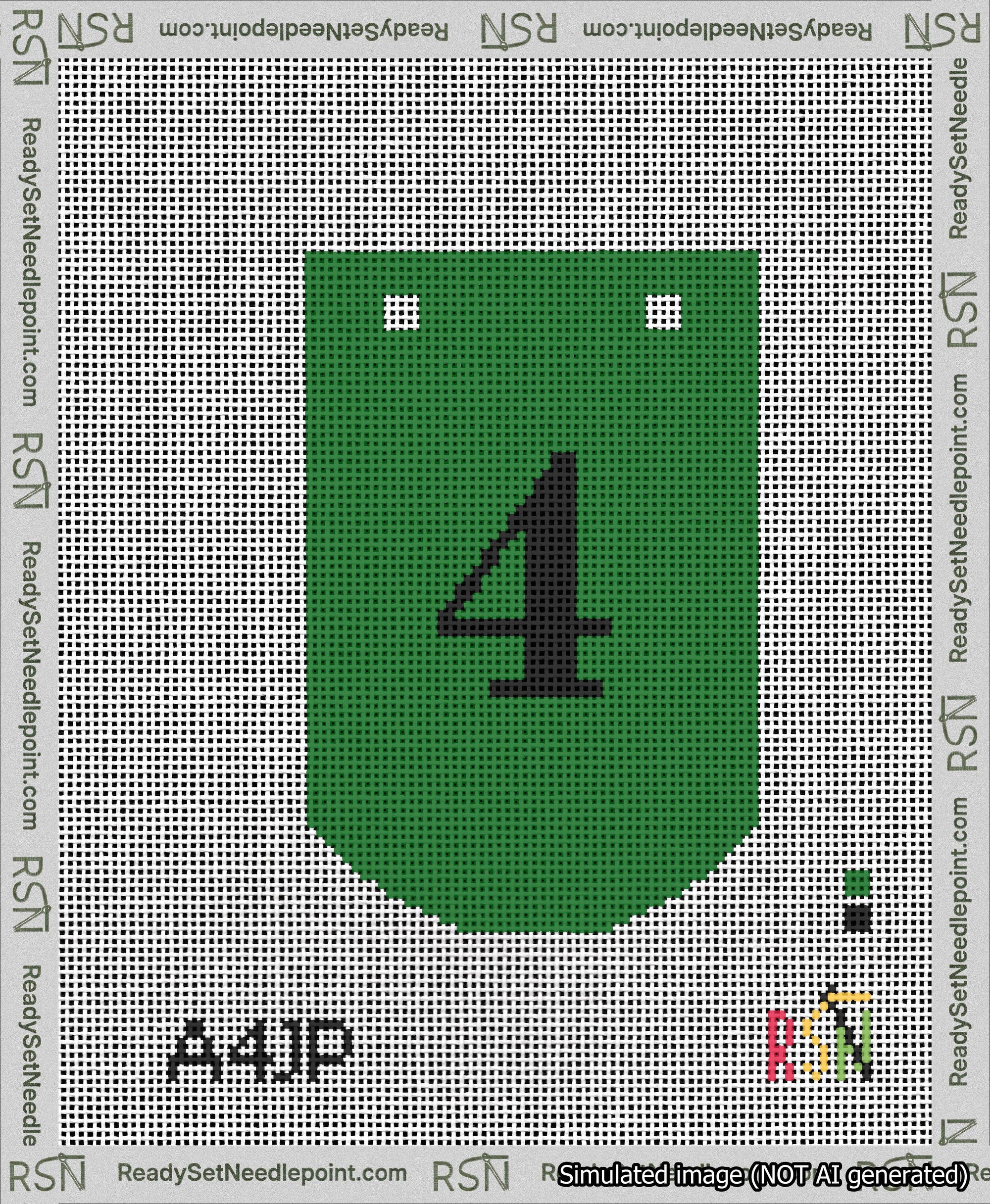 A taped needlepoint canvas with the design: Banner 13 mesh count Curved 4 Black on Green.