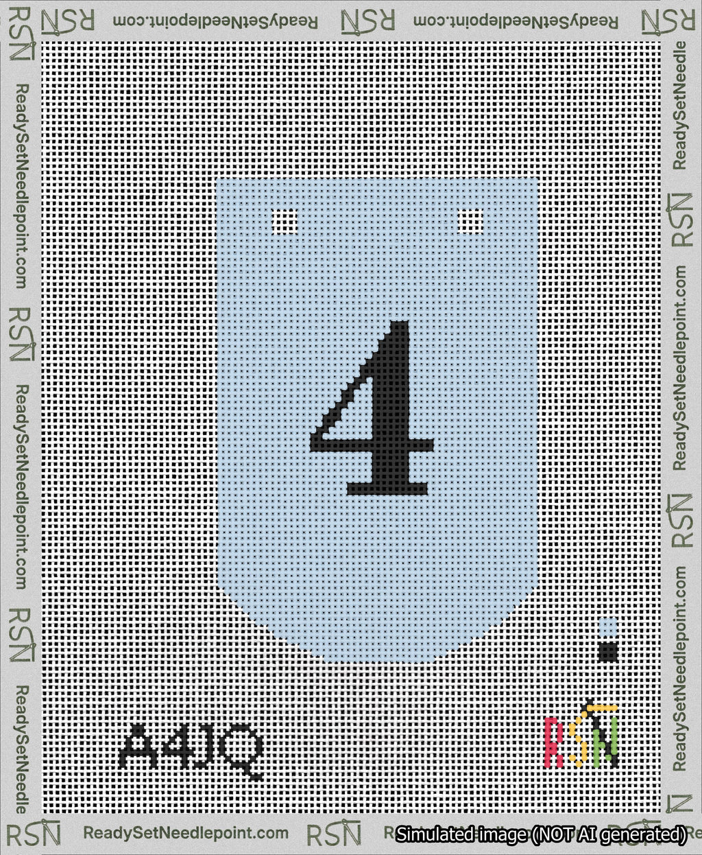 A taped needlepoint canvas with the design: Banner 13 mesh count Curved 4 Black on Light Blue.