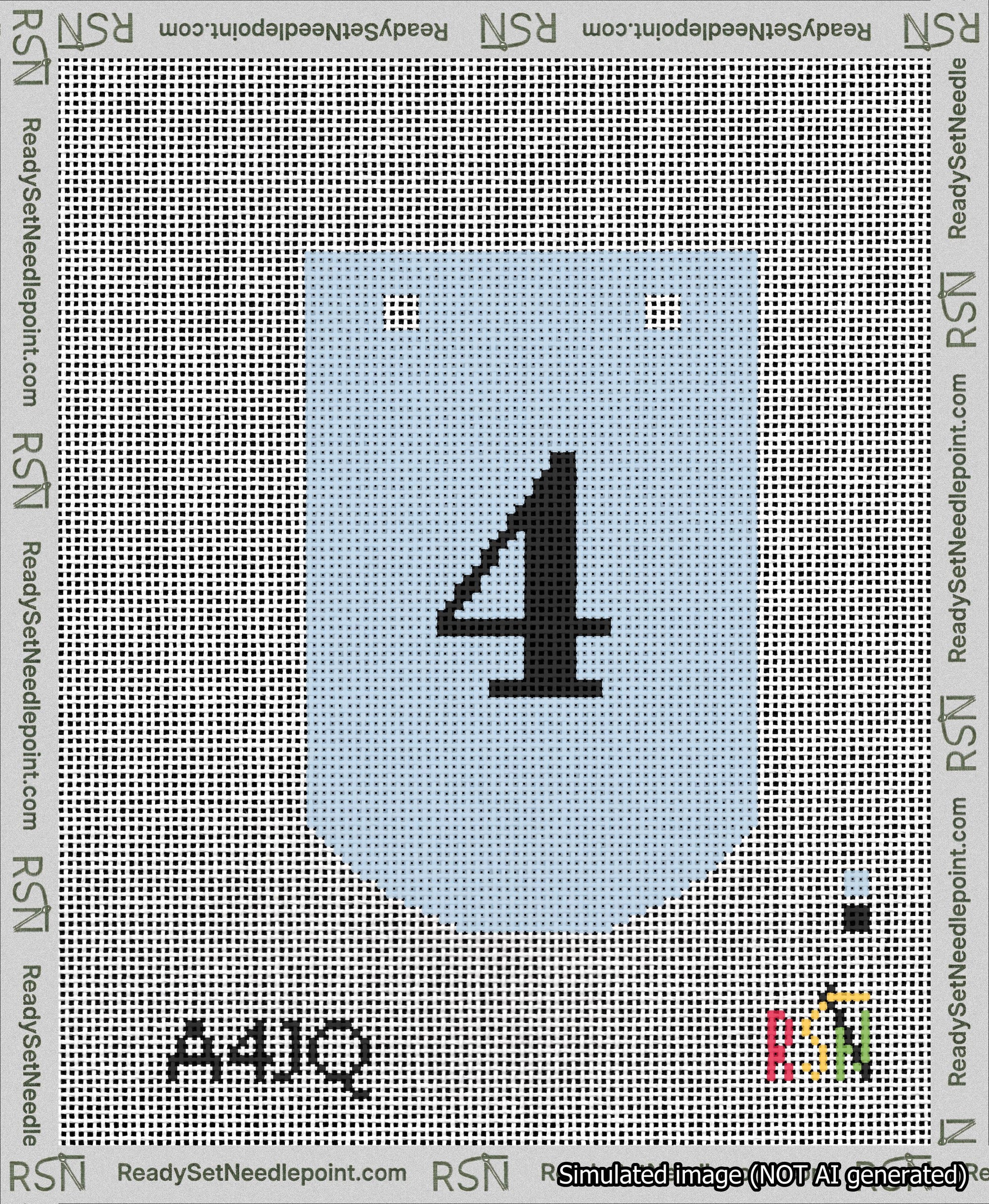 A taped needlepoint canvas with the design: Banner 13 mesh count Curved 4 Black on Light Blue.