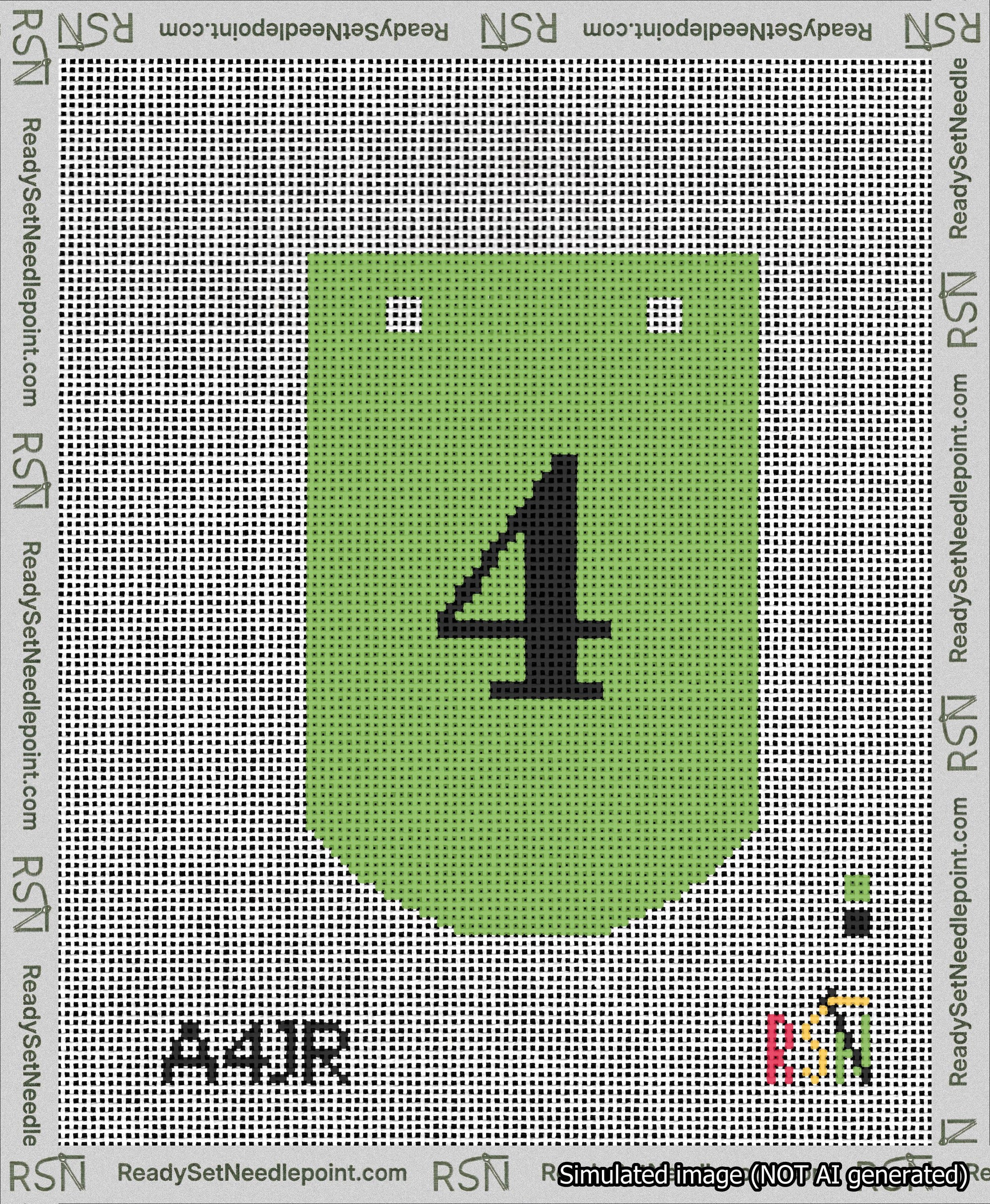 A taped needlepoint canvas with the design: Banner 13 mesh count Curved 4 Black on Light Green.