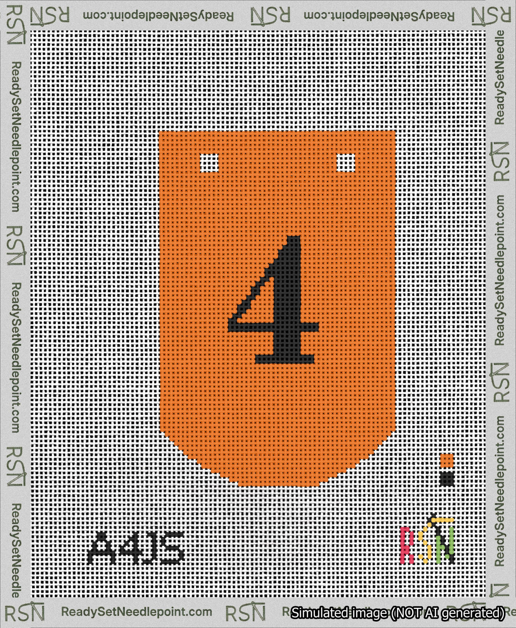 A taped needlepoint canvas with the design: Banner 13 mesh count Curved 4 Black on Orange.