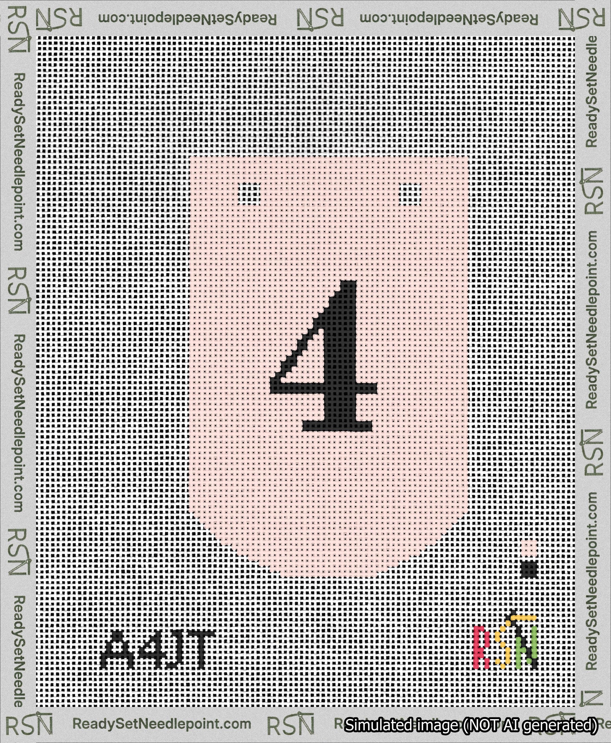 A taped needlepoint canvas with the design: Banner 13 mesh count Curved 4 Black on Pink.